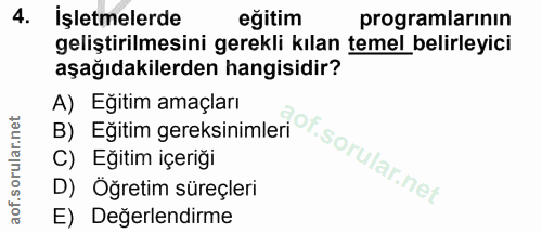 4. soru: İşletmelerde eğitim programlarının geliştirilmesini gerekli kılan temel belirleyici aşağıdakilerden hangisidir? A) Eğ…