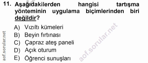 11. soru: Aşağıdakilerden hangisi tartışma yönteminin uygulama biçimlerinden biri değildir? A) Vızıltı kümeleri B) Beyin fırtın…