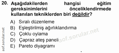 20. soru: Aşağıdakilerden hangisi eğitim gereksinimlerini önceliklendirmede kullanılan tekniklerden biri değildir? A) Sıralı dü…