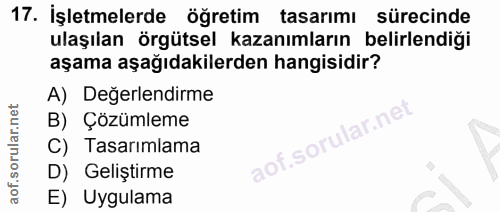 17. soru: İşletmelerde öğretim tasarımı sürecinde ulaşılan örgütsel kazanımların belirlendiği aşama aşağıdakilerden hangisidir?…