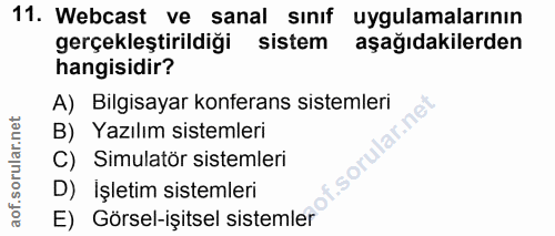 11. soru: Webcast ve sanal sinif uygulamalarının gerçekleştirildiği sistem aşağıdakilerden hangisidir? A) Bilgisayar konferans…