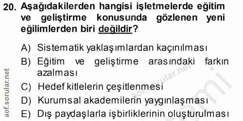 20. soru: Aşağıdakilerden hangisi işletmelerde eğitim ve geliştirme konusunda gözlenen yeni eğilimlerden biri değildir? A) Sist…