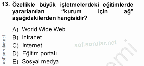 13. soru: Özellikle büyük işletmelerdeki eğitimlerde yararlanılan "kurum için ağ" aşağıdakilerden hangisidir? A) World Wide Web…