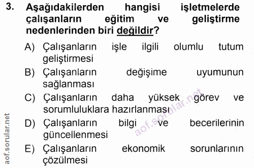 3. soru: Aşağıdakilerden hangisi işletmelerde çalışanların eğitim ve geliştirme nedenlerinden biri değildir? A) Çalışanların i…