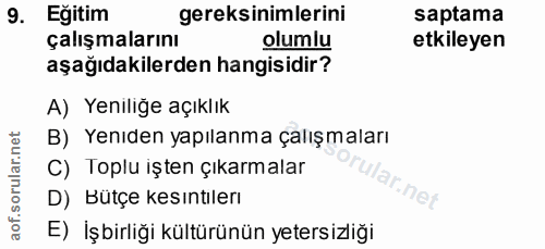 9. soru: Eğitim gereksinimlerini saptama çalışmalarını olumlu etkileyen aşağıdakilerden hangisidir? A) Yeniliğe açıklık B) Yen…