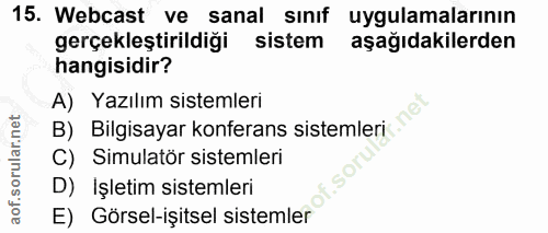 15. soru: Webcast ve sanal sınıf uygulamalarının gerçekleştirildiği sistem aşağıdakilerden hangisidir? A) Yazılım sistemleri B)…