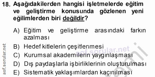 18. soru: Aşağıdakilerden hangisi işletmelerde eğitim ve geliştirme konusunda gözlenen yeni eğilimlerden biri değildir? A) Eğit…