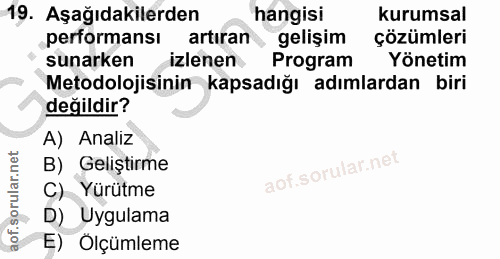19. soru: Aşağıdakilerden hangisi kurumsal performansı artıran gelişim çözümleri sunarken izlenen Program Yönetim Metodolojisin…