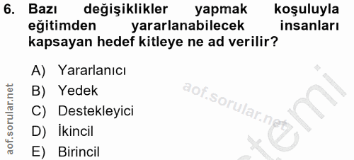 6. soru: Bazı değişiklikler yapmak koşuluyla eğitimden yararlanabilecek insanları kapsayan hedef kitleye ne ad verilir? A) Yar…