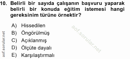10. soru: Belirli bir sayıda çalışanın başvuru yaparak belirli bir konuda eğitim istemesi hangi gereksinim türüne örnektir? A)…