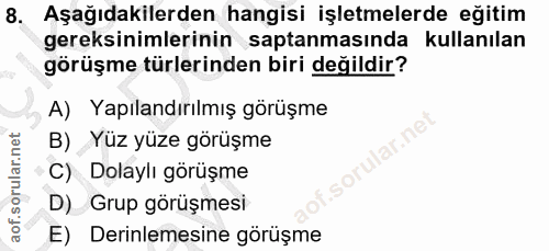 8. soru: Aşağıdakilerden hangisi işletmelerde eğitim gereksinimlerinin saptanmasında kullanılan görüşme türlerinden biri değil…