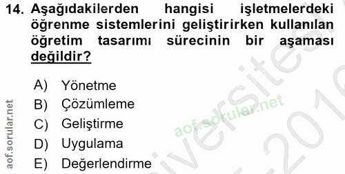 14. soru: Aşağıdakilerden hangisi işletmelerdeki öğrenme sistemlerini geliştirirken kullanılan ogretim tasarimi sürecinin bir a…