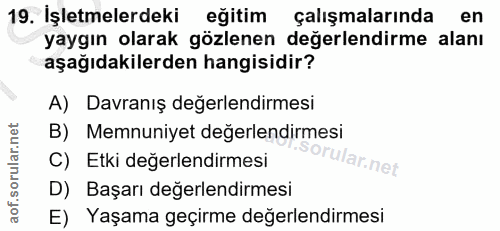 19. soru: İşletmelerdeki egitim çalışmalarında en yaygın olarak gözlenen değerlendirme alanı aşağıdakilerden hangisidir? A) Dav…