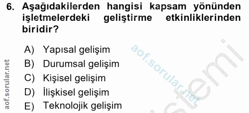 6. soru: Aşağıdakilerden hangisi kapsam yönünden işletmelerdeki geliştirme etkinliklerinden biridir? A) Yapısal gelişim B) Dur…