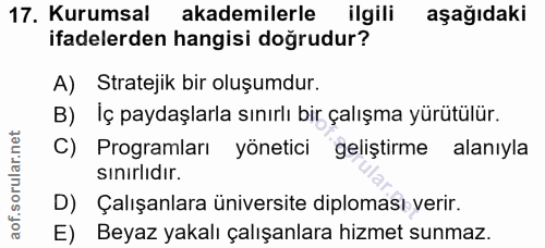 17. soru: Kurumsal akademilerle ilgili aşağıdaki ifadelerden hangisi doğrudur? A) Stratejik bir oluşumdur. B) Iç paydaşlarla sı…