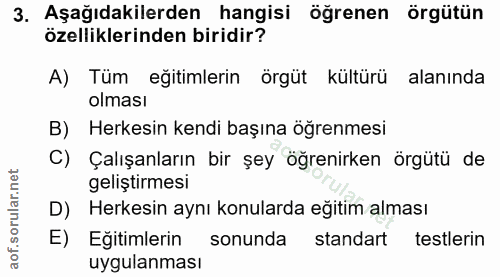 3. soru: Aşağıdakilerden hangisi öğrenen örgütün özelliklerinden biridir? A) Tüm eğitimlerin örgüt kültürü alanında olması B)…