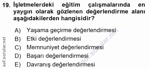 19. soru: İşletmelerdeki egitim çalışmalarında en yaygın olarak gözlenen değerlendirme alanı aşağıdakilerden hangisidir? A) Yaş…
