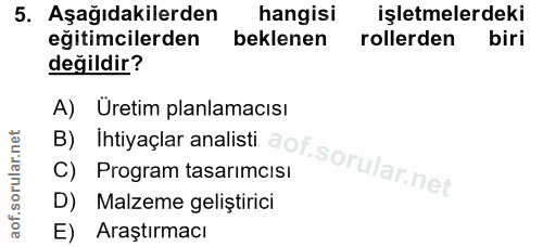 5. soru: Aşağıdakilerden hangisi işletmelerdeki eğitimcilerden beklenen rollerden biri değildir? A) Üretim planlamacısı B) Iht…