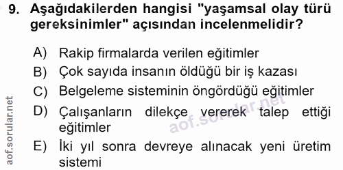 9. soru: Aşağıdakilerden hangisi "yaşamsal olay türü gereksinimler" açısından incelenmelidir? A) Rakip firmalarda verilen eğit…