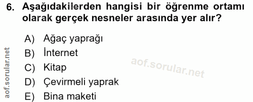 6. soru: Aşağıdakilerden hangisi bir öğrenme ortamı olarak gerçek nesneler arasında yer alır? A) Ağaç yaprağı B) Internet C) K…