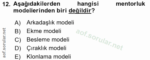 12. soru: Aşağıdakilerden hangisi mentorluk modellerinden biri değildir? A) Arkadaşlık modeli B) Ekme modeli C) Besleme modeli…