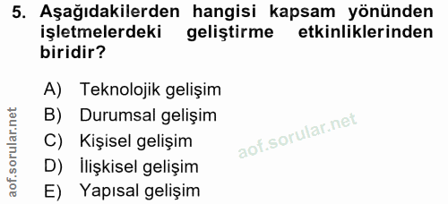 5. soru: Aşağıdakilerden hangisi kapsam yönünden işletmelerdeki geliştirme etkinliklerinden biridir? A) Teknolojik gelişim B)…