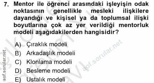 7. soru: Mentor ile öğrenci arasındaki işleyişin odak noktasının genellikle mesleki ilişkilere dayandığı ve kişisel ya da topl…