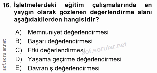 16. soru: İşletmelerdeki egitim çalışmalarında en yaygın olarak gözlenen değerlendirme alanı aşağıdakilerden hangisidir? A) Mem…