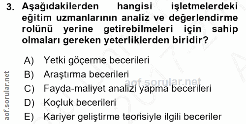 3. soru: Aşağıdakilerden hangisi işletmelerdeki eğitim uzmanlarının analiz ve değerlendirme rolünü yerine getirebilmeleri için…