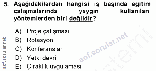 5. soru: Aşağıdakilerden hangisi iş başında eğitim çalışmalarında yaygın kullanılan yöntemlerden biri değildir? A) Proje çalış…