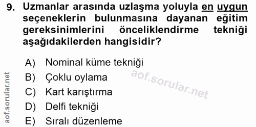 9. soru: Uzmanlar arasında uzlaşma yoluyla en uygun seçeneklerin bulunmasına dayanan eğitim gereksinimlerini önceliklendirme t…