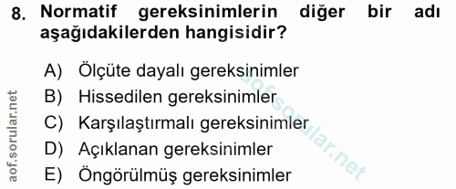 8. soru: Normatif gereksinimlerin diğer bir adı aşağıdakilerden hangisidir? A) Ölçüte dayalı gereksinimler B) Hissedilen gerek…