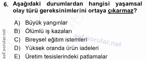 6. soru: Aşağıdaki durumlardan hangisi yaşamsal olay türü gereksinimlerini ortaya çıkarmaz? A) Büyük yangınlar B) Ölümlü iş ka…