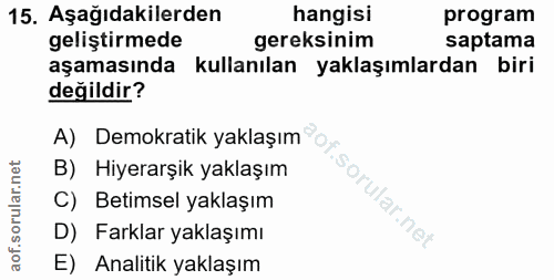 15. soru: Aşağıdakilerden hangisi program geliştirmede gereksinim saptama aşamasında kullanılan yaklaşımlardan biri değildir? A…