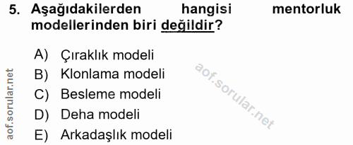 5. soru: Aşağıdakilerden hangisi mentorluk modellerinden biri değildir? A) Çıraklık modeli B) Klonlama modeli C) Besleme model…