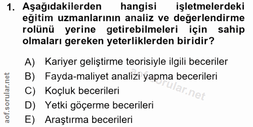 1. soru: Aşağıdakilerden hangisi işletmelerdeki eğitim uzmanlarının analiz ve değerlendirme rolünü yerine getirebilmeleri için…