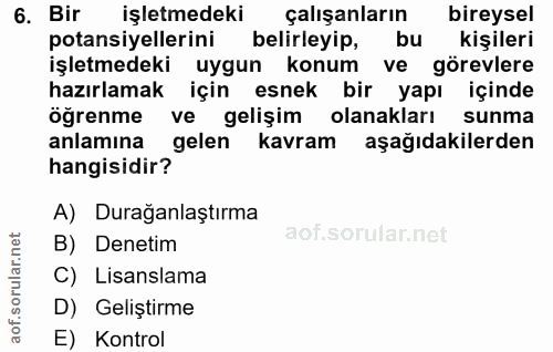 6. soru: Bir işletmedeki çalışanların bireysel potansiyellerini belirleyip, bu kişileri işletmedeki uygun konum ve görevlere h…