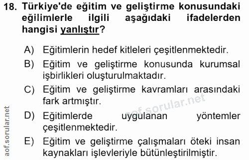 18. soru: Türkiye'de eğitim ve geliştirme konusundaki eğilimlerle ilgili aşağıdaki ifadelerden hangisi yanlıştır? A) Eğitimleri…