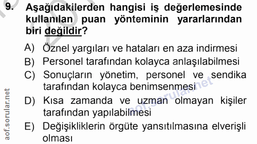 9. soru: Aşağıdakilerden hangisi iş değerlemesinde kullanılan puan yönteminin yararlarından biri değildir? A) Öznel yargıları…