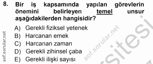 8. soru: Bir iş kapsamında yapılan görevlerin önemini belirleyen temel unsur aşağıdakilerden hangisidir? A) Gerekli fiziksel y…