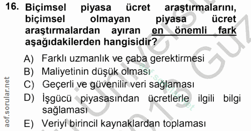 16. soru: Biçimsel piyasa ücret araştırmalarını, biçimsel olmayan piyasa ücret araştırmalardan ayıran en önemli fark aşağıdakil…