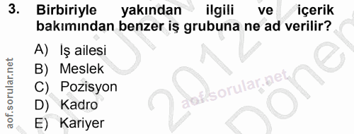 3. soru: Birbiriyle yakından ilgili ve içerik bakımından benzer iş grubuna ne ad verilir? A) İş ailesi B) Meslek C) Pozisyon l…