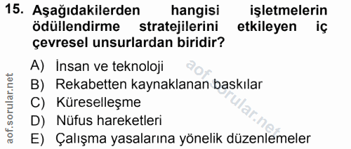 15. soru: Aşağıdakilerden hangisi işletmelerin ödüllendirme stratejilerini etkileyen iç çevresel unsurlardan biridir? A) Insan…