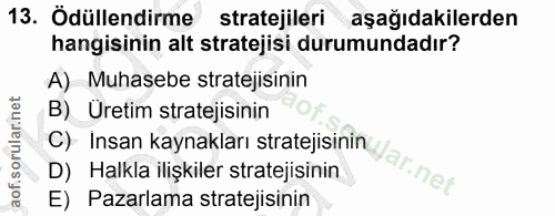 13. soru: Ödüllendirme stratejileri aşağıdakilerden hangisinin alt stratejisi durumundadır? A) Muhasebe stratejisinin C) Insan…