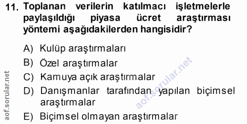 11. soru: Toplanan verilerin katılmacı işletmelerle paylaşıldığı piyasa ücret araştırması yöntemi aşağıdakilerden hangisidir? A…