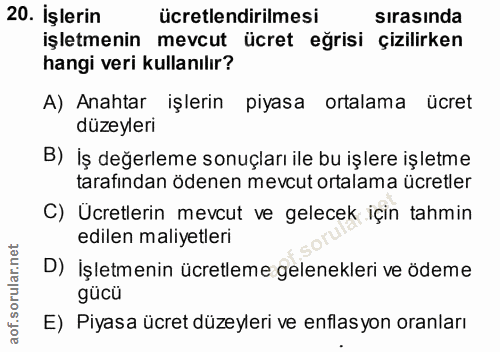 20. soru: İşlerin ücretlendirilmesi sırasında işletmenin mevcut ücret eğrisi çizilirken hangi veri kullanılır? A) Anahtar işler…