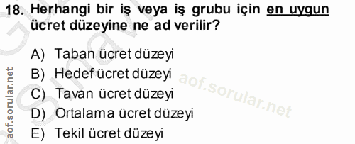 18. soru: Herhangi bir iş veya iş grubu için en uygun ücret düzeyine ne ad verilir? A) Taban ücret düzeyi B) Hedef ücret düzeyi…