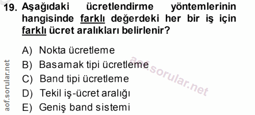19. soru: Aşağıdaki ücretlendirme yöntemlerinin hangisinde farklı değerdeki her bir iş için farklı ücret aralıkları belirlenir?…
