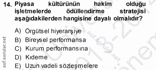14. soru: Piyasa kültürünün hakim olduğu işletmelerde ödüllendirme stratejisi aşağıdakilerden hangisine dayalı olmalıdır? A) Or…