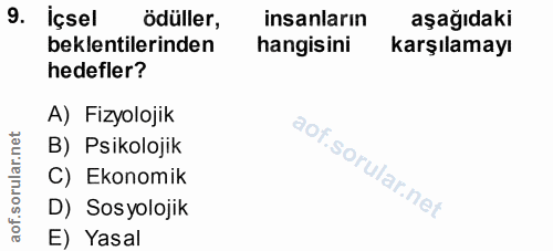 9. soru: içsel ödüller, insanların aşağıdaki beklentilerinden hangisini karşılamayı hedefler? A) Fizyolojik B) Psikolojik C) E…